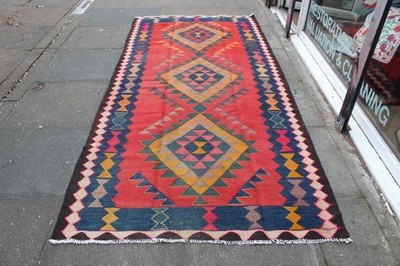 Vintage traditioneller handgefertigter orientalischer Kelim Wolle rot orange blau 287 x 134 cm