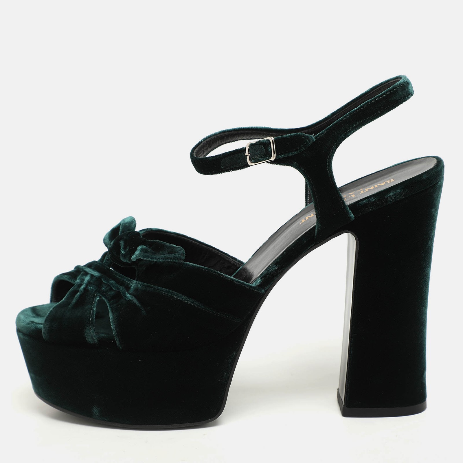 Sandali Saint Laurent verde velluto fiocco caramella plateau taglia 39