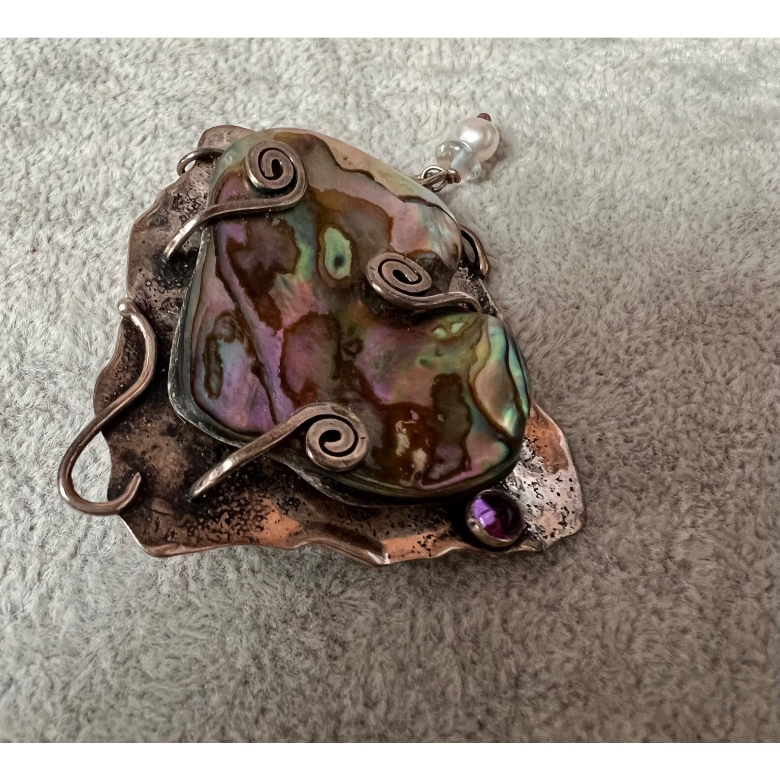 Artisan Abalone Shell Studio Brooch Amethyst Pear… - image 5