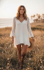 O'Neill Ivory Boho Lace Crochet V-Neck Sunmer Tunic Beachy Coverup Medium Flowy
