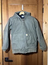 Carhartt Jacket Youth Large 14-16 Green Canvas Coat Quilt Lining Hooded RN13706