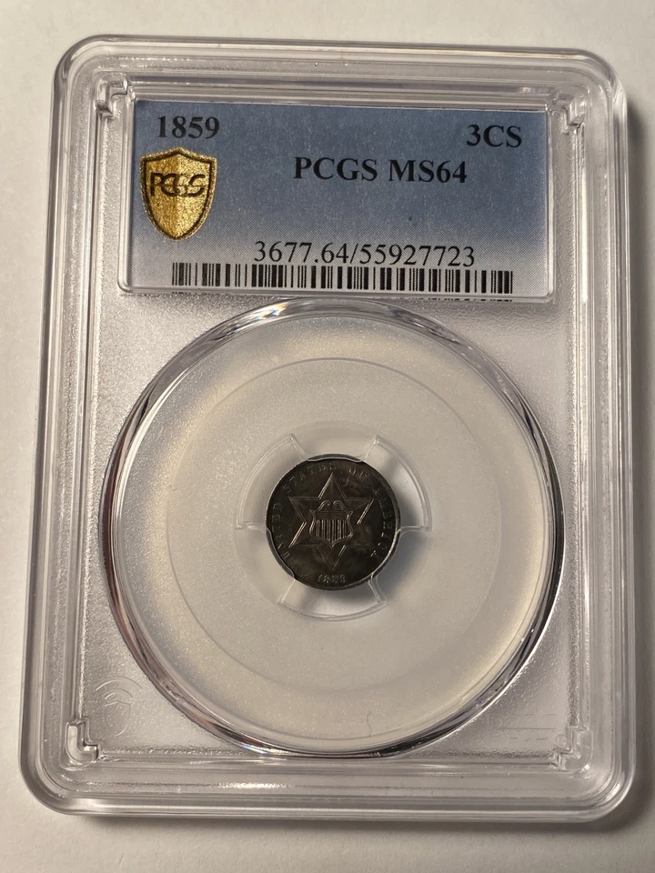 1859 3 Cent Silver 3CS PCGS MS64 Colorful Rainbow Toning - Image 3 of 4