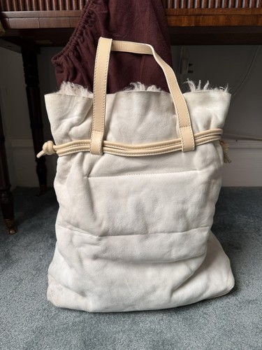 Mulberry Shearling and Leather Drawstring Tote Bag Large Off-white Cream Used