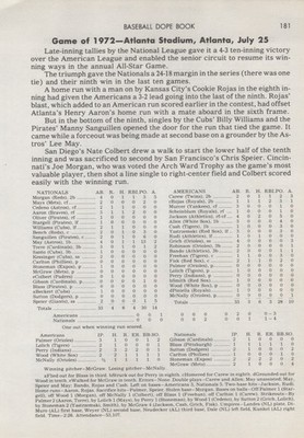 1972 MLB All Star Baseball Game - Atlanta Stadium Jim Palmer Box Score