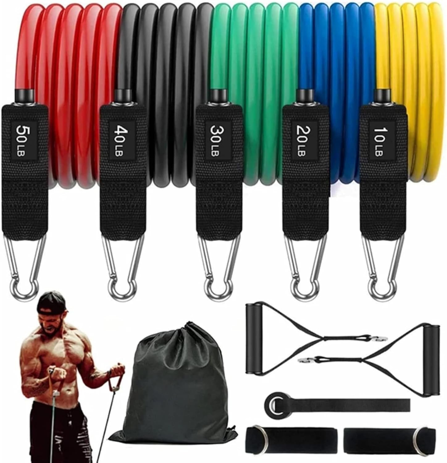 Juego de bandas de resistencia con manijas, anclaje de puerta, correas de tobillo - 5 niveles de tracción