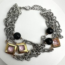 Vintage 90s Multi Chain Pink Crystal Black Bead Bracelet Silver Tone Jewelry Y2K