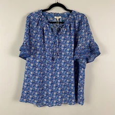 Max Studio Blue Floral Blouse Size 2X Flutter Ruffle Sleeve Tie Neck Blue