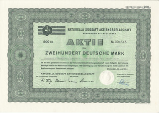 Naturella Südsaft AG Winnenden bei Stuttgart Aktie über 200 DM Juni 1964