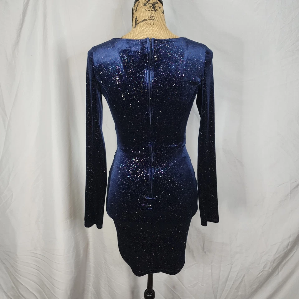 Vestido Vaina HONEY & ROSIE Talla XS Asimétrico Azul Terciopelo Metálico Brillante Foto 4 de 4