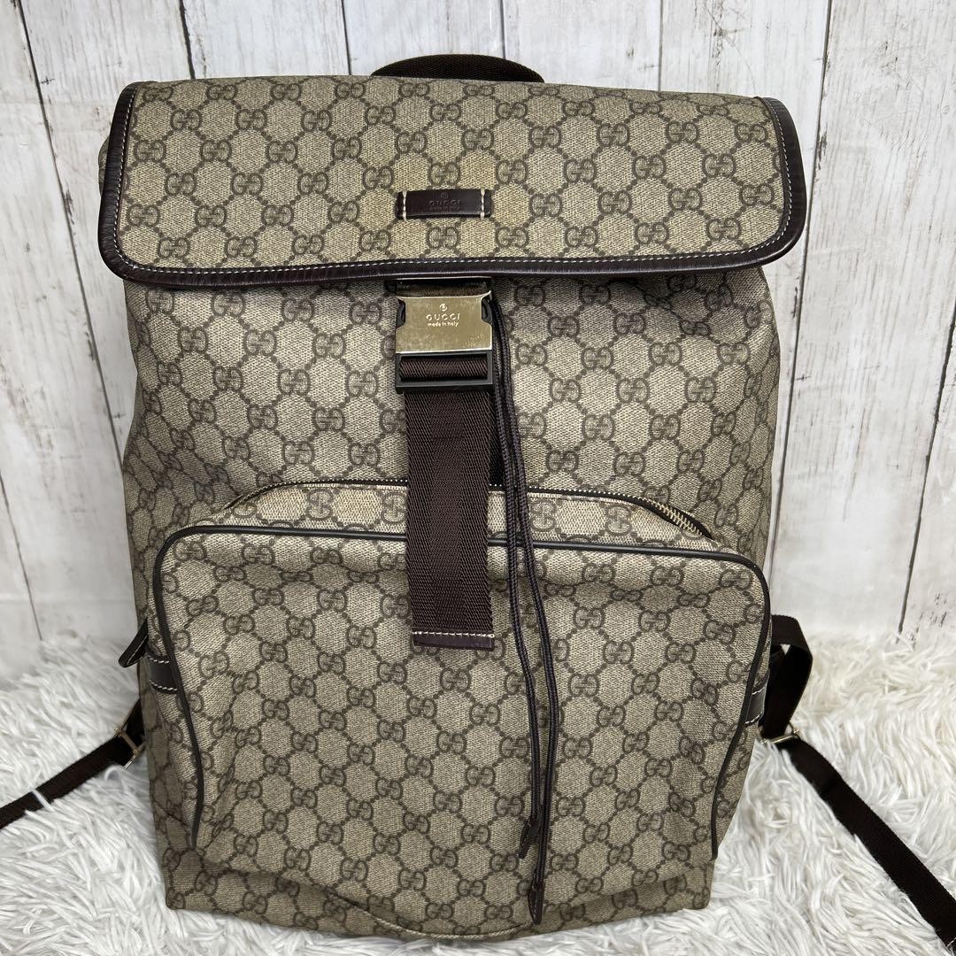 Auth Excellent GUCCI GG Supreme Backpack Pvc Leather Beige Brown