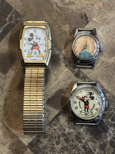 3 Vintage Disney & Mickey Mouse Wrist Watches One Swiss Made Non Working