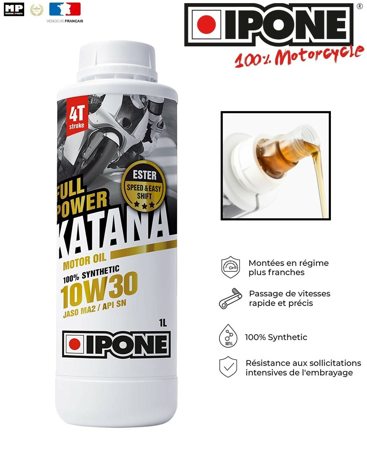Huile IPONE Katana Road 4T 10W30 lubrifiant premium 100% synthèse pour moto route