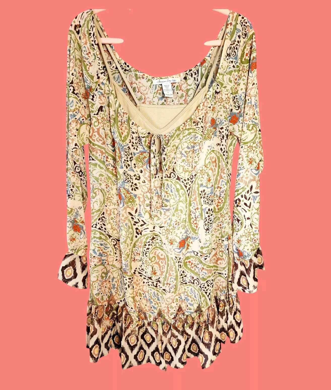 Boho Floral Paisley Print Dress Small Semi-Sheer Flowy with Slip
