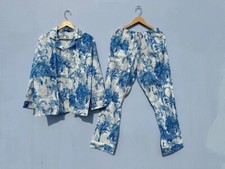 Indian Cotton Night Suit Women Blue Floral PJ Set Sleepwear Pajama Set Nightwear