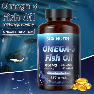 Omega 3 Fish Oil Capsules 3x Strength 3000mg Epa & Dha, Highest Potency 120 Pill