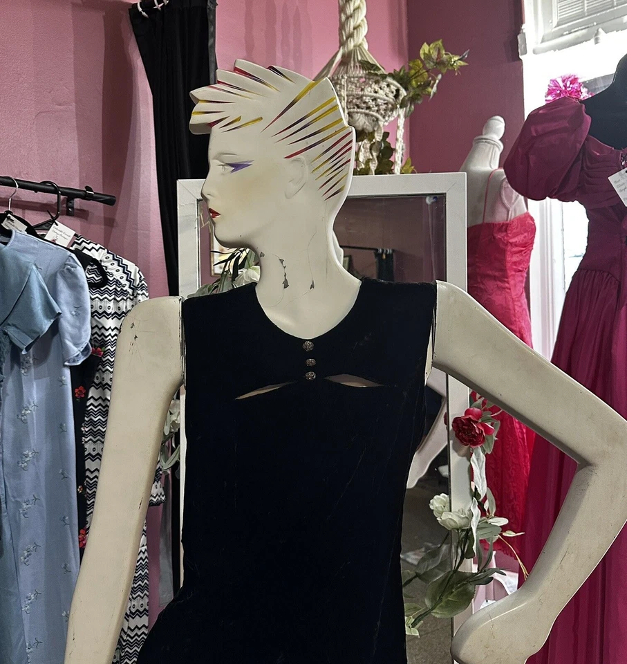 Maxi Vestido Vintage Años 90 Terciopelo Aplastado Negro Sin Mangas Recortes Estrás XS/S Foto 3 de 4