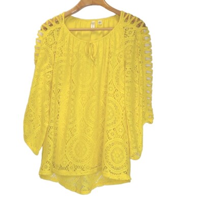 Tacera Bright Yellow Blouse Crochet Ladder Flared Sleeves XL Bohemian Hippie New