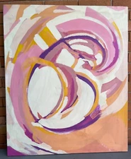 Colorful Vintage Abstract Shape Oil Painting Mid Century Modern Art Wall Hanging