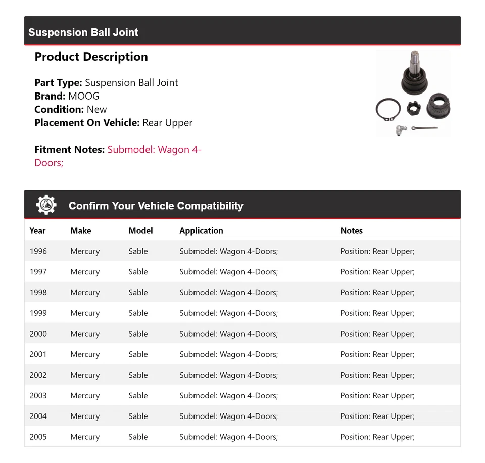 Para Mercury Sable Wagon 1996-2005 4 puertas suspensión rótula trasera superior MOOG Foto 2 de 4