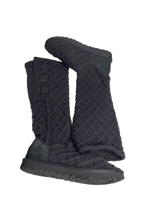 UGG Australia Classic Lattice Knit Cardy Tall Sweater Boots Black Womens  Size
