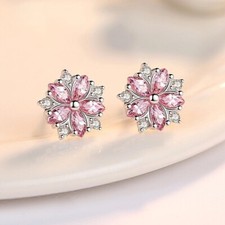 925 Silver Post Pink Crystal Flower Stud Earrings for Women,Pink Flower Earrings