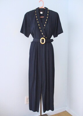 VGC Vtg 80s 90s Blue Rayon Crepe Harem Jumpsuit Pockets Wide Belt Gold Studs 6P