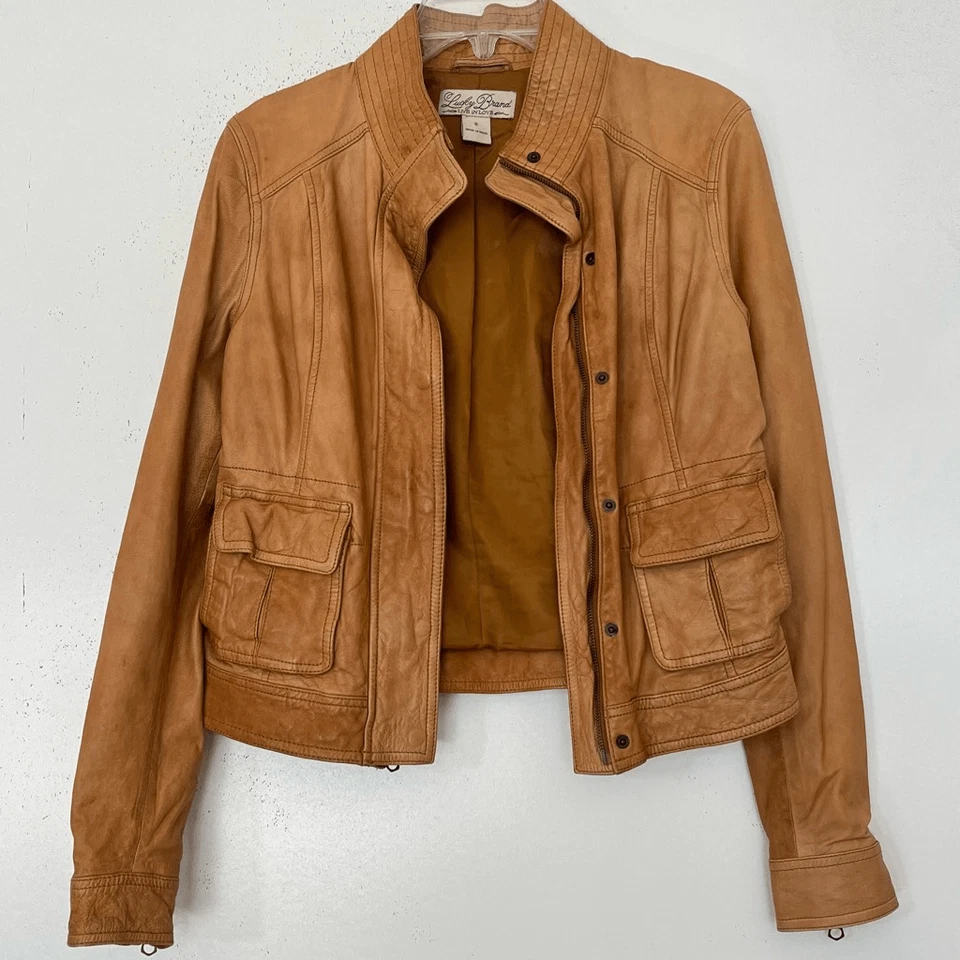 Lucky Brand Leather Jacket Women's Small Soft Worn In Lambskin Lamb Cognac Tan - Image 4 of 4