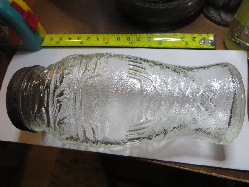 vintage old fish shaped glass jar chevron polar bears Trade ten mark on lid