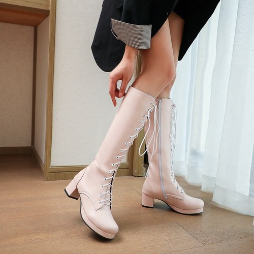 Nuevas Mujeres Lolita Cosplay GoGo Caballero Media pantorrilla Botas Punta Redonda Tacón de Bloque Zapatos D - Imagen 9 de 17