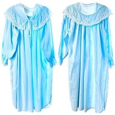 Maryann s Boutique Vintage Light Blue Night Gown White Lace Trim Ruffled Wrist L