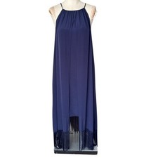 Trina Turk Kearney Silk Hi-Low Fringe Midi Dress in Navy Blue Size: 6