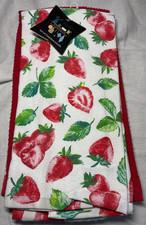 COLORDRIFT KITCHEN TOWELS 3 STRAWBERRIES RED GREEN RED WAFFLE 100 COTTON NIP