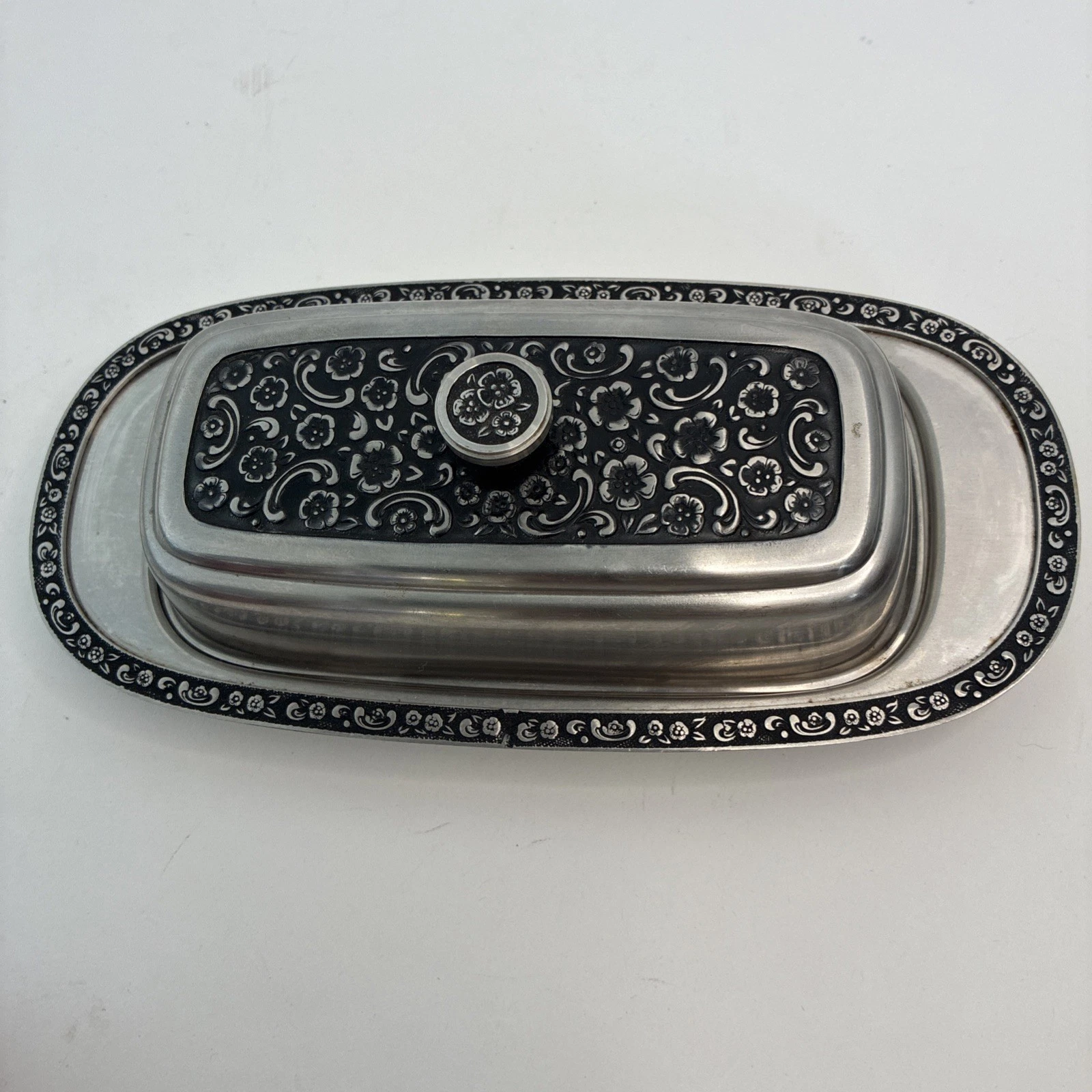 Oneida Custom Mediterranean Stainless Steel Butter Dish 1960s Glass Insert VGC