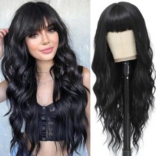 Black Wig with Bangs for Women Long Black Wavy Wigs 26 Inch Natural Black Wig...