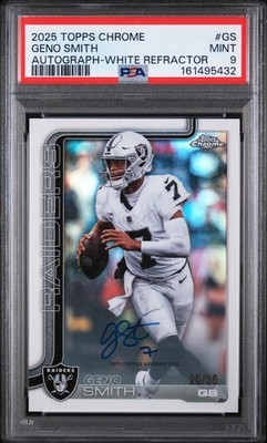 GENO SMITH /30 AUTO WHITE COLOR MATCH RAIDERS NY JETS 2025 TOPPS CHROME PSA 9
