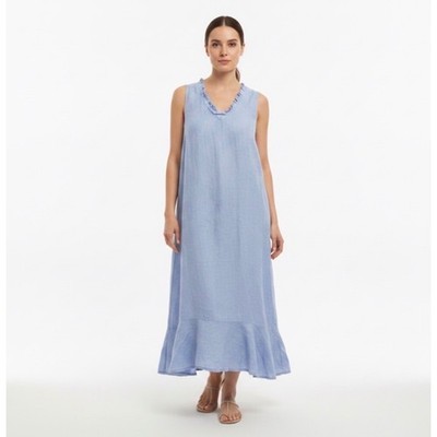 Francesca Bettini Linen Midi Dress Womens M Blue Ruffle Hem Made in Italy 19A749