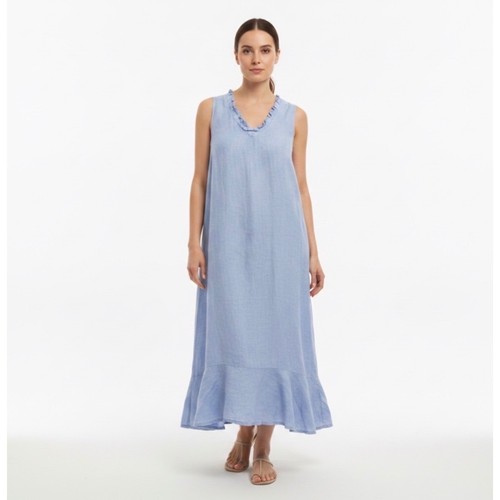 Francesca Bettini Linen Midi Dress Womens M Blue Ruffle Hem Made in Italy 19A749