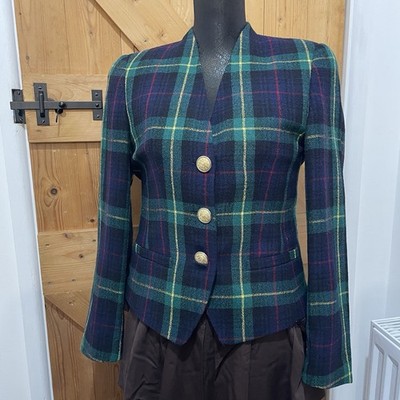 Vintage Gerry Weber Plaid Tartan Blazer Jacket Wool Blend Lined Check Size 36