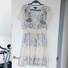 Blue Vanilla L/XL Blue/White/Gold Chiffon Smocked V-Neck Embroidered Dress