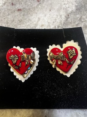 Very Rare Vintage Lunch at The Ritz Heart Shaped Red Stud Earrings Bow Detail