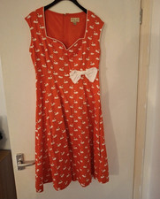 Lindy Bop Fit & Flare Midi Dress Pink White Swan Print Bow Sleeveless V-Neck 10