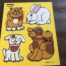 Vintage Playskool Wooden Tray Puzzle My Pets  180-08 1-3yr 4pc Dogs Cat Bunny