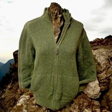 LL Bean Men M Lambswool Cardigan Sweater Green Full Zip Mock Neck Jacket Pocket