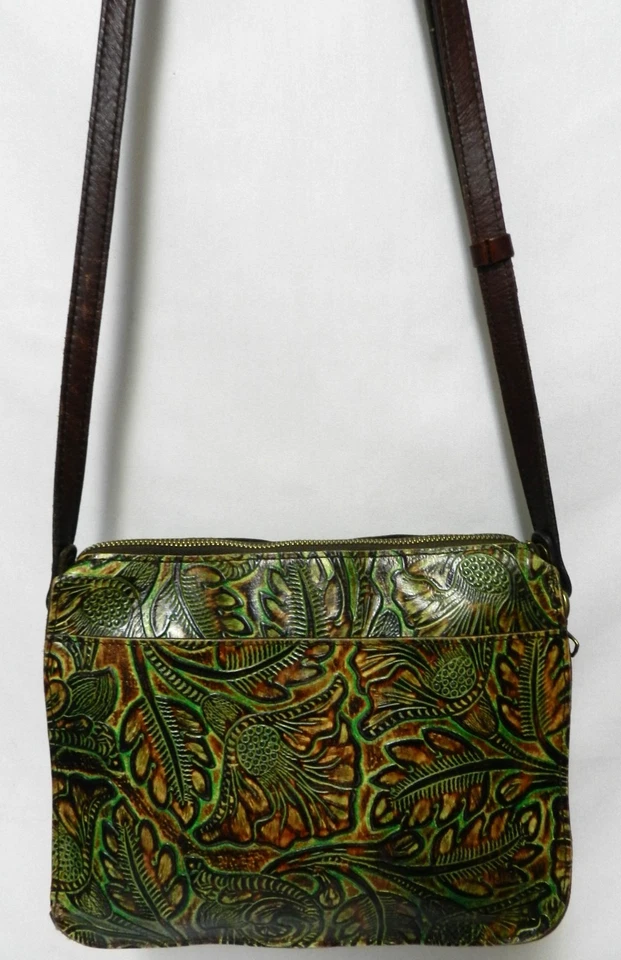 Patricia Nash Tooled Leather crossbody bag purse Front & Back pocket brown green - Image 2 of 4