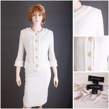 St. John TEXTURED KNIT 2 PC Suit,JACKET SKIRT, IVORY,FRINGE TRIM,SIZE 4 6,CHIC