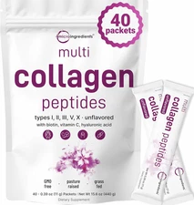 Micro Ingredients Multi Collagen Peptides Powder, 40 Stick Packs | Type I, II, I