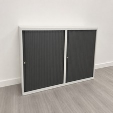 Mid-Height Office Tambour Cupboard, White / Graphite, 2 Shelves, Lockable, H1...