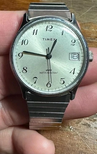 Vintage 1985 Timex Marlin Date Silver Tone Men's 34mm Mechanical Watch WORKS