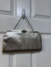 Vintage Gold Metallic Clutch Bag w/Chain and Decorative Jeweled Clasp Grandma