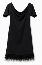 Little black dress M real Feathers Neck Short Sleeve Shift Dress Feather Hem